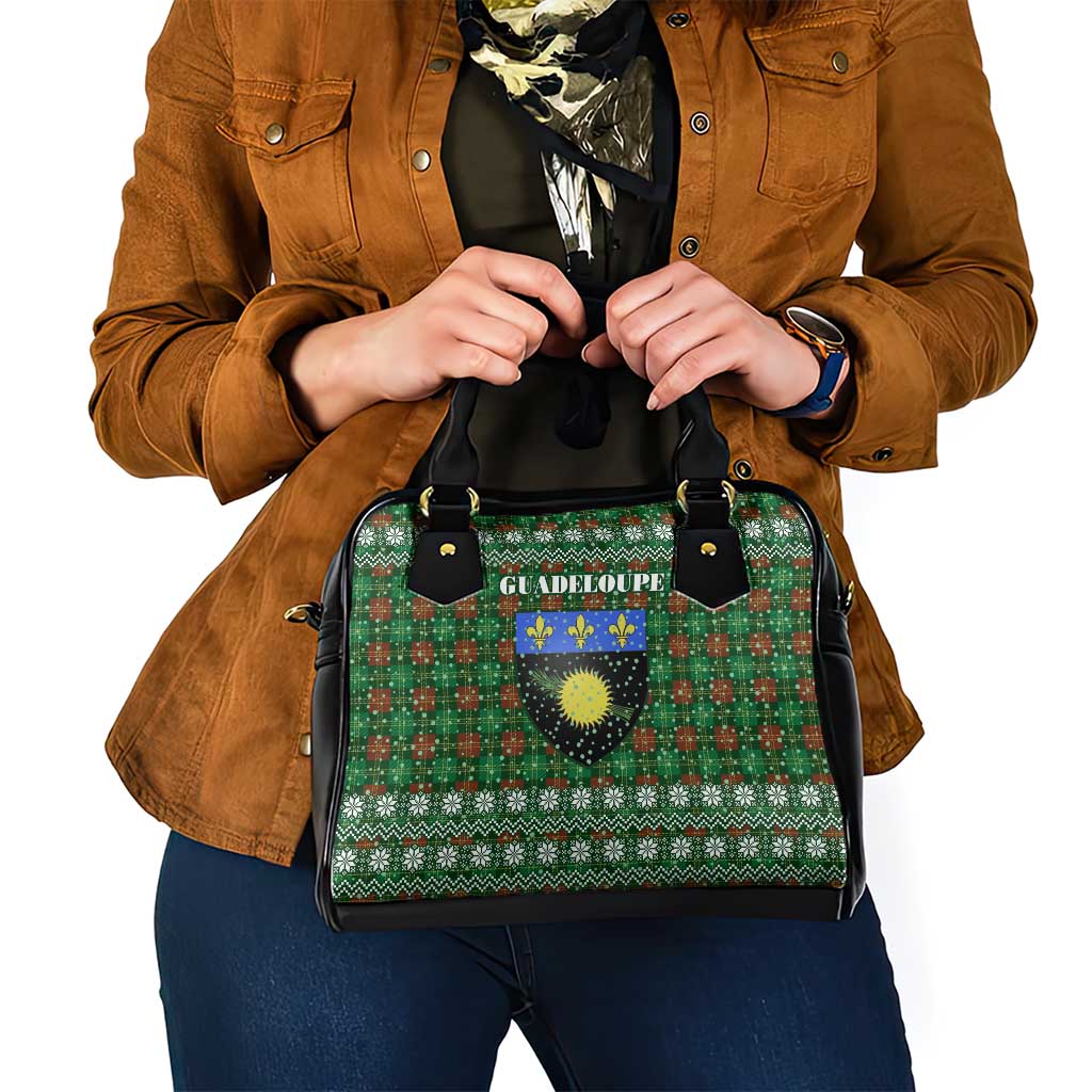 Guadeloupe Christmas Shoulder Handbag with Green-Red Plaid Design, Sun and Sugarcane Emblem, and Santa Sleigh Motif - Wonder Print Shop