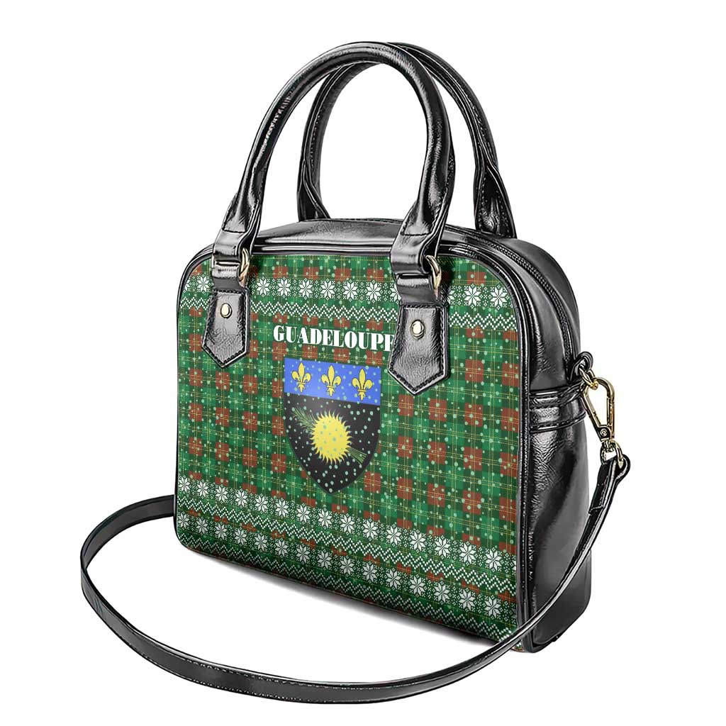 Guadeloupe Christmas Shoulder Handbag with Green-Red Plaid Design, Sun and Sugarcane Emblem, and Santa Sleigh Motif - Wonder Print Shop