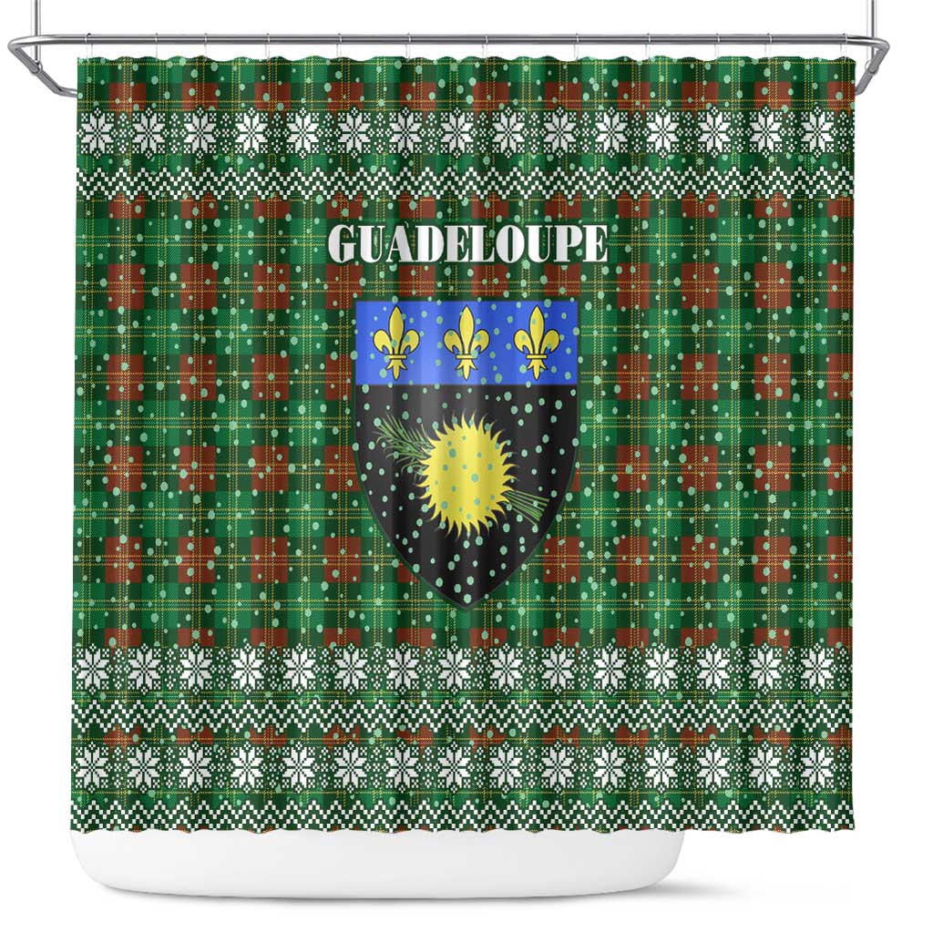 Guadeloupe Christmas Shower Curtain with Green-Red Plaid Design, Sun and Sugarcane Emblem, and Santa Sleigh Motif - Wonder Print Shop