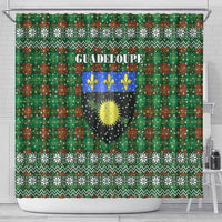 Guadeloupe Christmas Shower Curtain with Green-Red Plaid Design, Sun and Sugarcane Emblem, and Santa Sleigh Motif - Wonder Print Shop