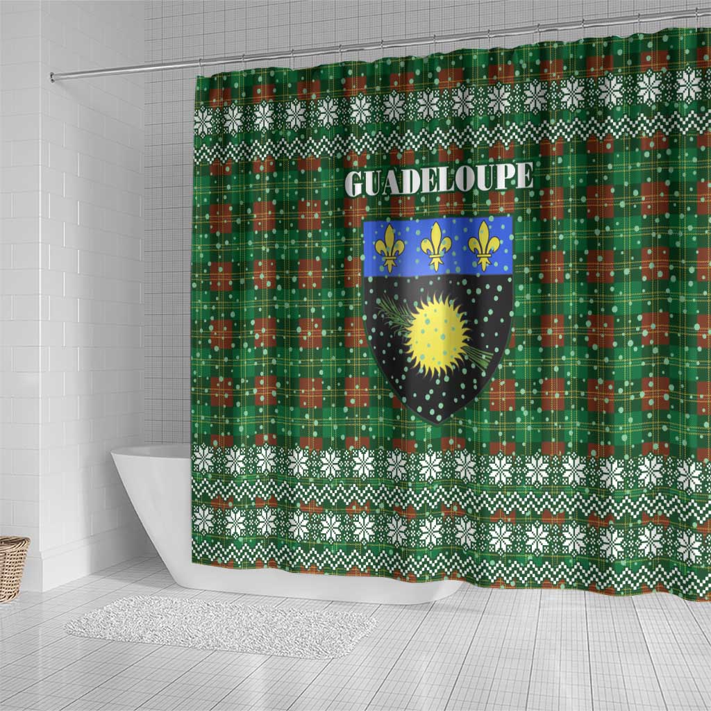 Guadeloupe Christmas Shower Curtain with Green-Red Plaid Design, Sun and Sugarcane Emblem, and Santa Sleigh Motif - Wonder Print Shop