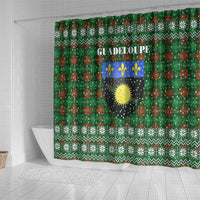 Guadeloupe Christmas Shower Curtain with Green-Red Plaid Design, Sun and Sugarcane Emblem, and Santa Sleigh Motif - Wonder Print Shop