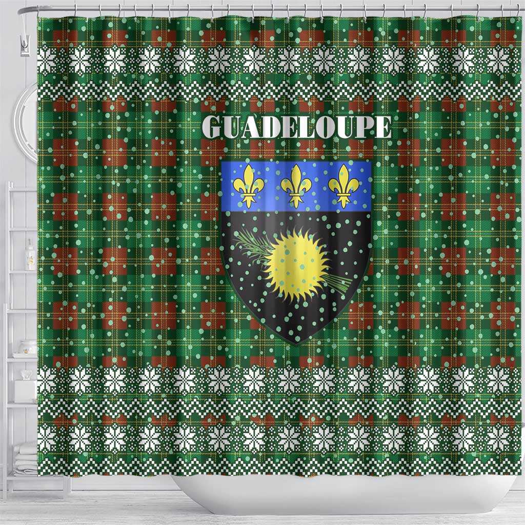 Guadeloupe Christmas Shower Curtain with Green-Red Plaid Design, Sun and Sugarcane Emblem, and Santa Sleigh Motif - Wonder Print Shop