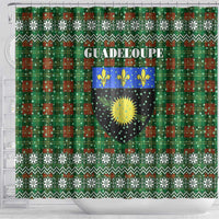 Guadeloupe Christmas Shower Curtain with Green-Red Plaid Design, Sun and Sugarcane Emblem, and Santa Sleigh Motif - Wonder Print Shop