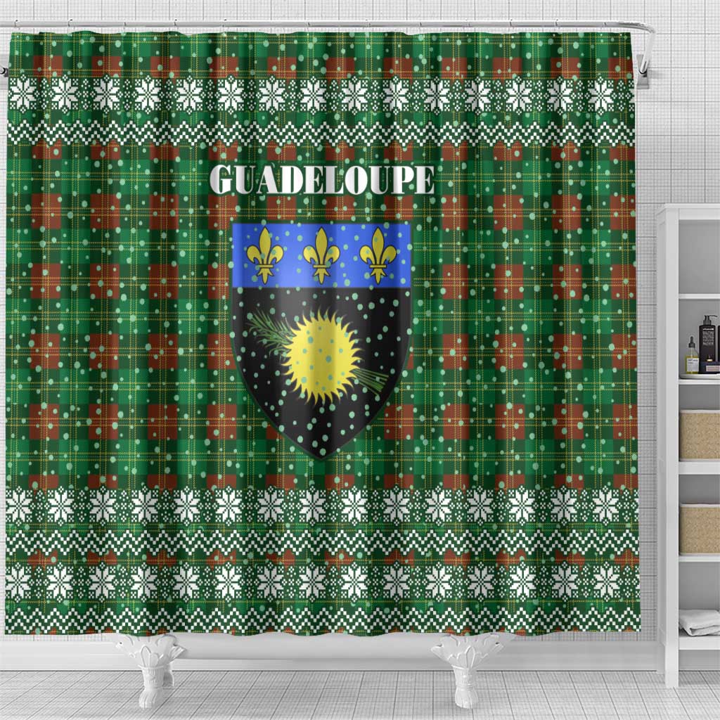 Guadeloupe Christmas Shower Curtain with Green-Red Plaid Design, Sun and Sugarcane Emblem, and Santa Sleigh Motif - Wonder Print Shop