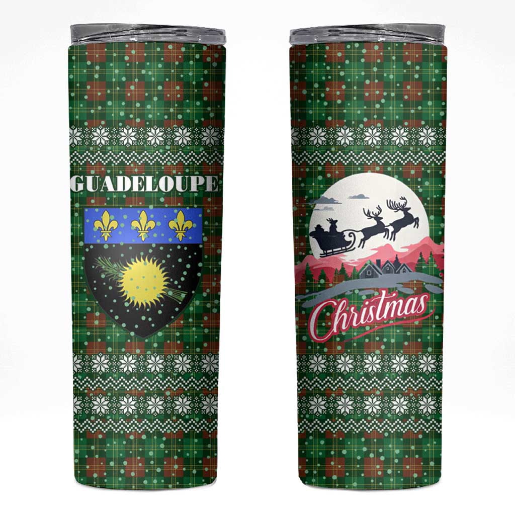 Guadeloupe Christmas Skinny Tumbler with Green-Red Plaid Design, Sun and Sugarcane Emblem, and Santa Sleigh Motif - Wonder Print Shop