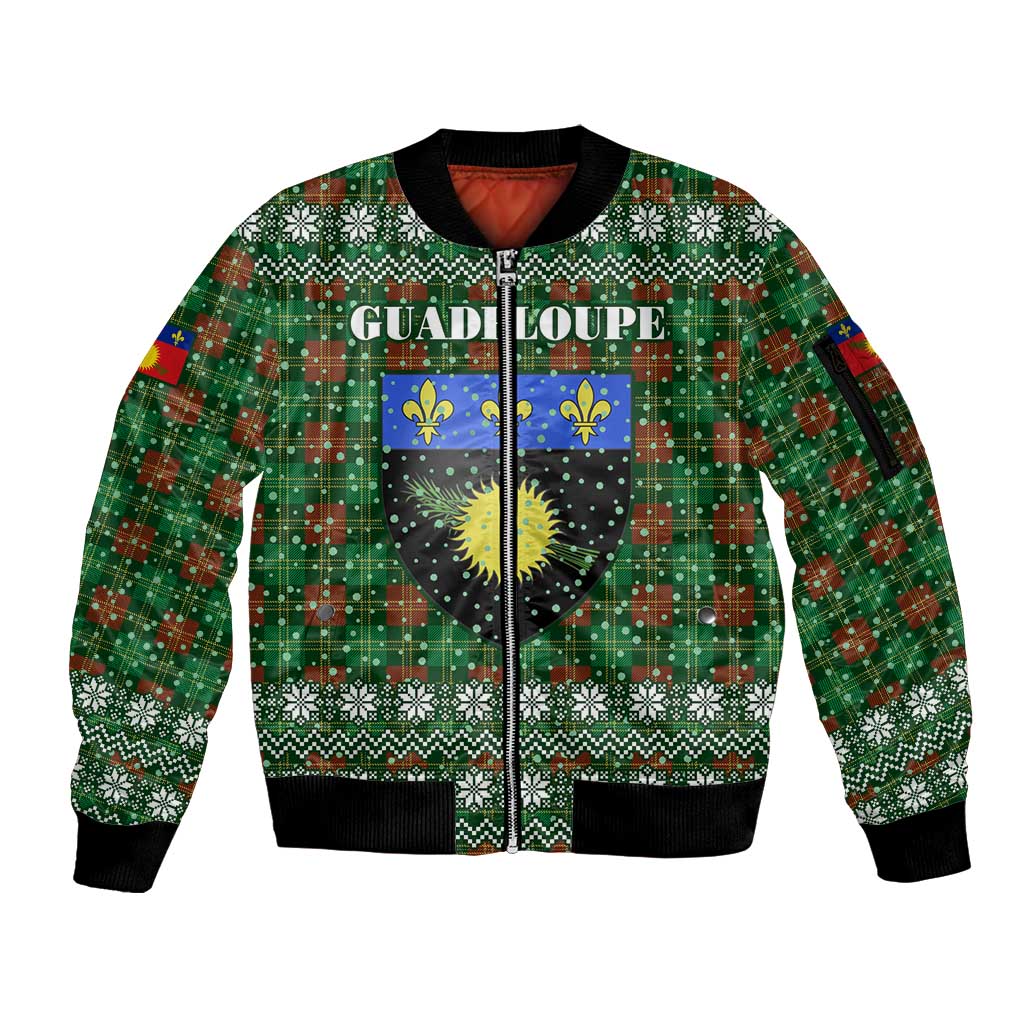 Guadeloupe Christmas Sleeve Zip Bomber Jacket with Green-Red Plaid Design, Sun and Sugarcane Emblem, and Santa Sleigh Motif - Wonder Print Shop