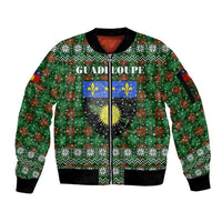 Guadeloupe Christmas Sleeve Zip Bomber Jacket with Green-Red Plaid Design, Sun and Sugarcane Emblem, and Santa Sleigh Motif - Wonder Print Shop