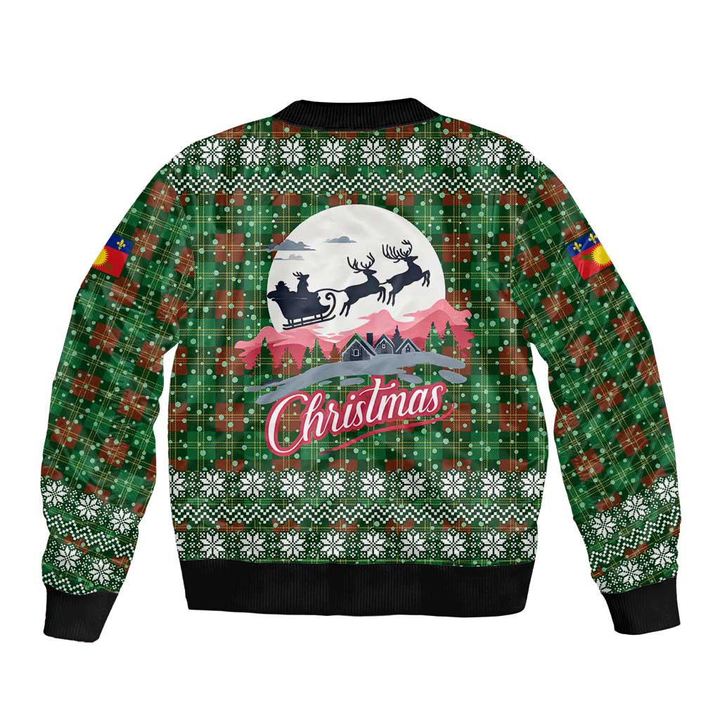 Guadeloupe Christmas Sleeve Zip Bomber Jacket with Green-Red Plaid Design, Sun and Sugarcane Emblem, and Santa Sleigh Motif - Wonder Print Shop