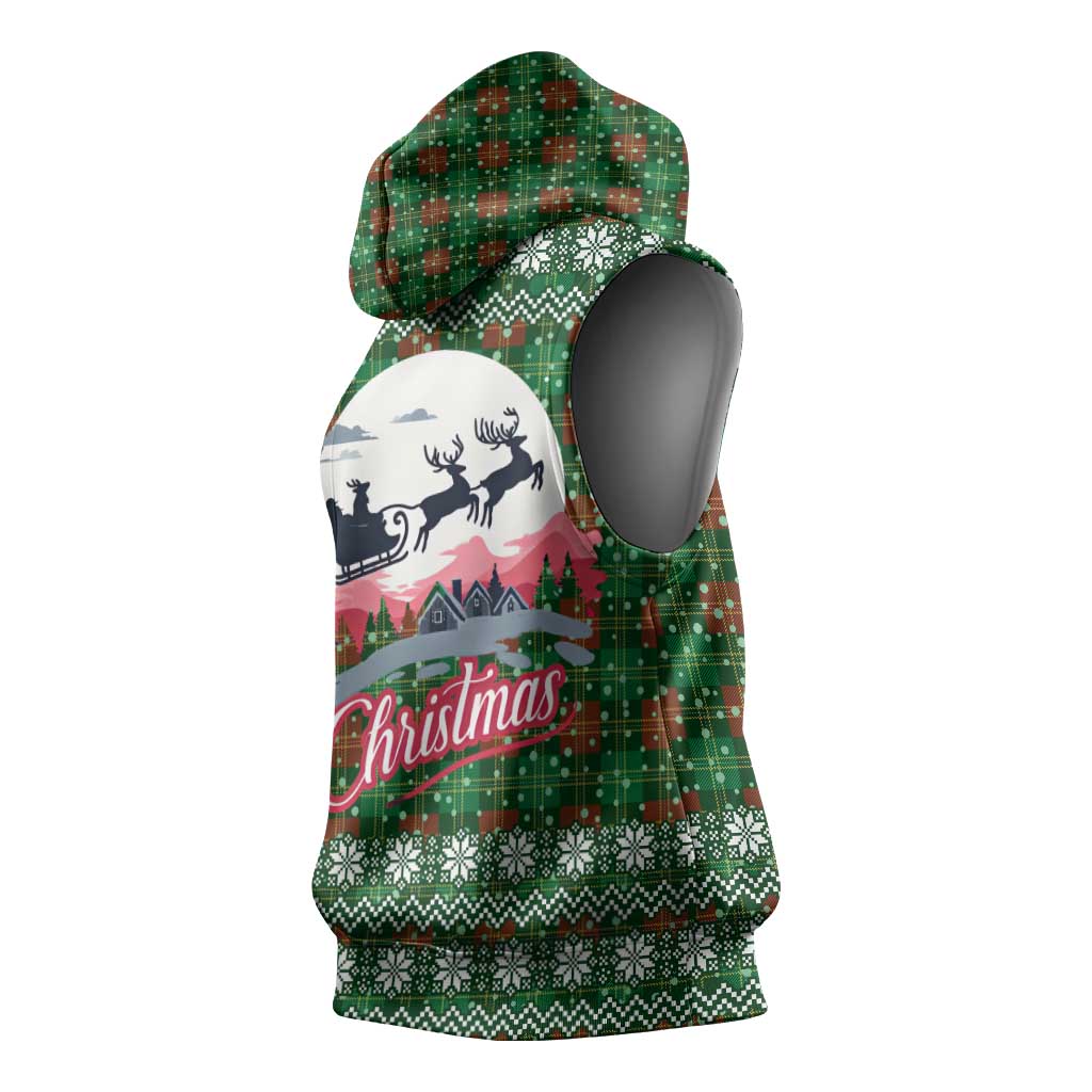Guadeloupe Christmas Sleeveless Hoodie with Green-Red Plaid Design, Sun and Sugarcane Emblem, and Santa Sleigh Motif - Wonder Print Shop