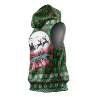 Guadeloupe Christmas Sleeveless Hoodie with Green-Red Plaid Design, Sun and Sugarcane Emblem, and Santa Sleigh Motif - Wonder Print Shop