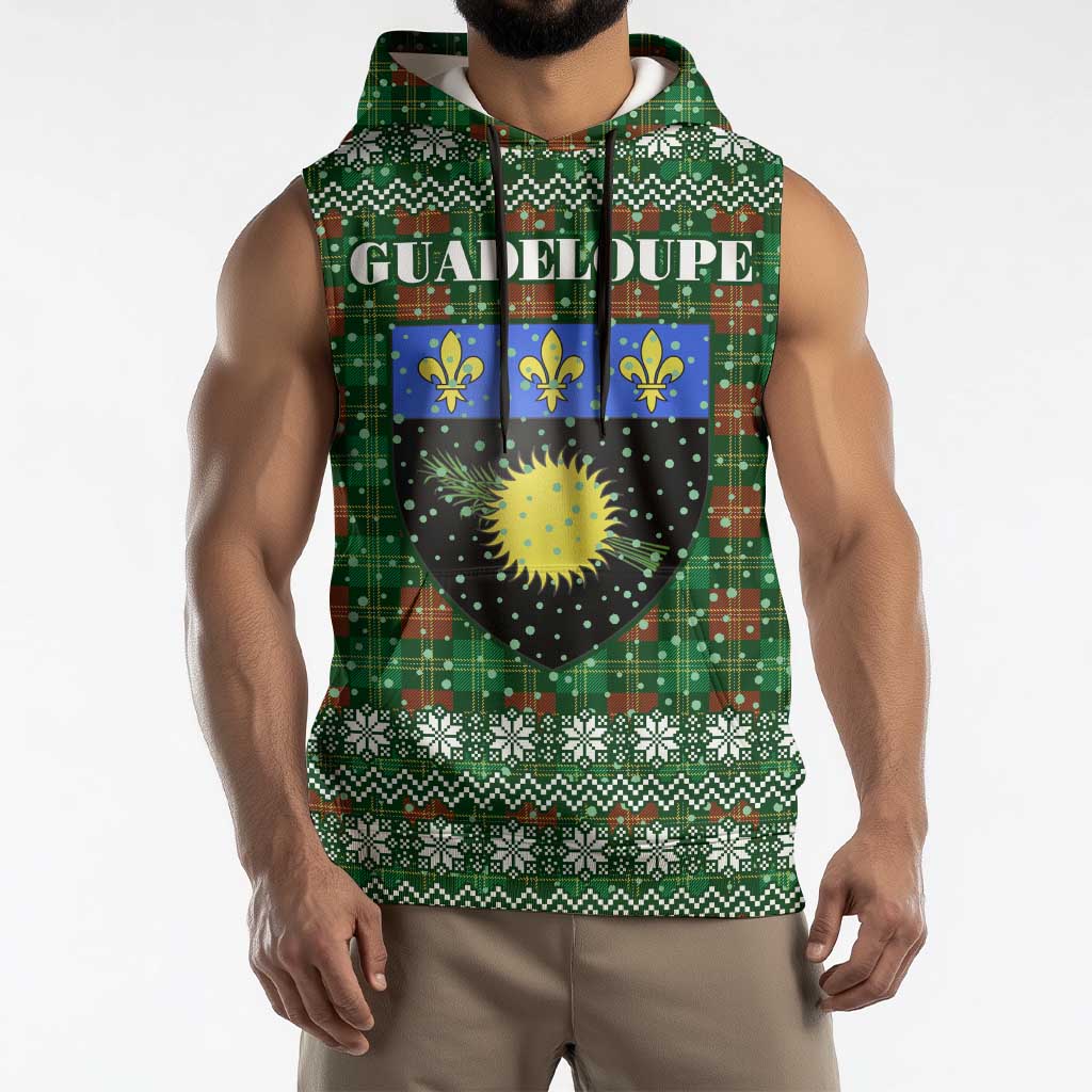 Guadeloupe Christmas Sleeveless Hoodie with Green-Red Plaid Design, Sun and Sugarcane Emblem, and Santa Sleigh Motif - Wonder Print Shop
