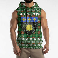 Guadeloupe Christmas Sleeveless Hoodie with Green-Red Plaid Design, Sun and Sugarcane Emblem, and Santa Sleigh Motif - Wonder Print Shop