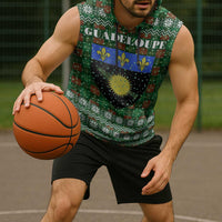 Guadeloupe Christmas Sleeveless Hoodie with Green-Red Plaid Design, Sun and Sugarcane Emblem, and Santa Sleigh Motif - Wonder Print Shop