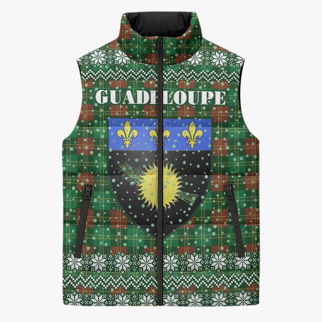 Guadeloupe Christmas Sleeveless Puffer Jacket with Green-Red Plaid Design, Sun and Sugarcane Emblem, and Santa Sleigh Motif - Wonder Print Shop