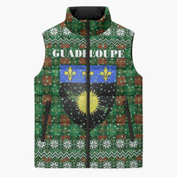 Guadeloupe Christmas Sleeveless Puffer Jacket with Green-Red Plaid Design, Sun and Sugarcane Emblem, and Santa Sleigh Motif - Wonder Print Shop