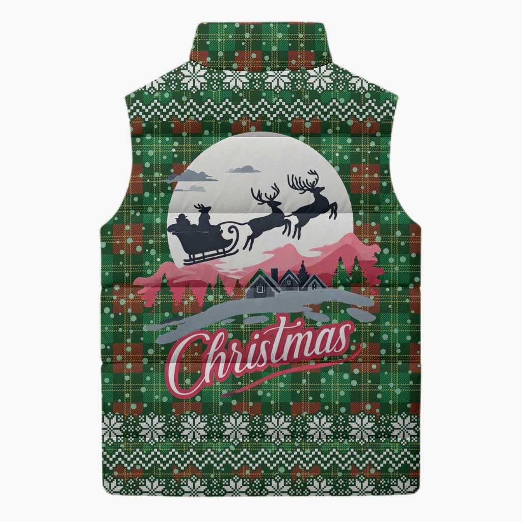Guadeloupe Christmas Sleeveless Puffer Jacket with Green-Red Plaid Design, Sun and Sugarcane Emblem, and Santa Sleigh Motif - Wonder Print Shop