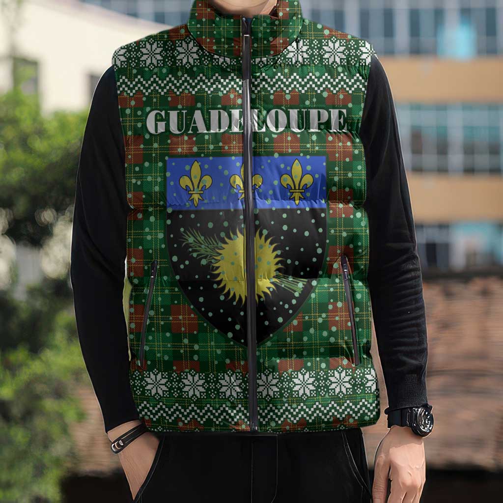 Guadeloupe Christmas Sleeveless Puffer Jacket with Green-Red Plaid Design, Sun and Sugarcane Emblem, and Santa Sleigh Motif - Wonder Print Shop