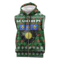 Guadeloupe Christmas Sleeveless Zip Hoodie with Green-Red Plaid Design, Sun and Sugarcane Emblem, and Santa Sleigh Motif - Wonder Print Shop