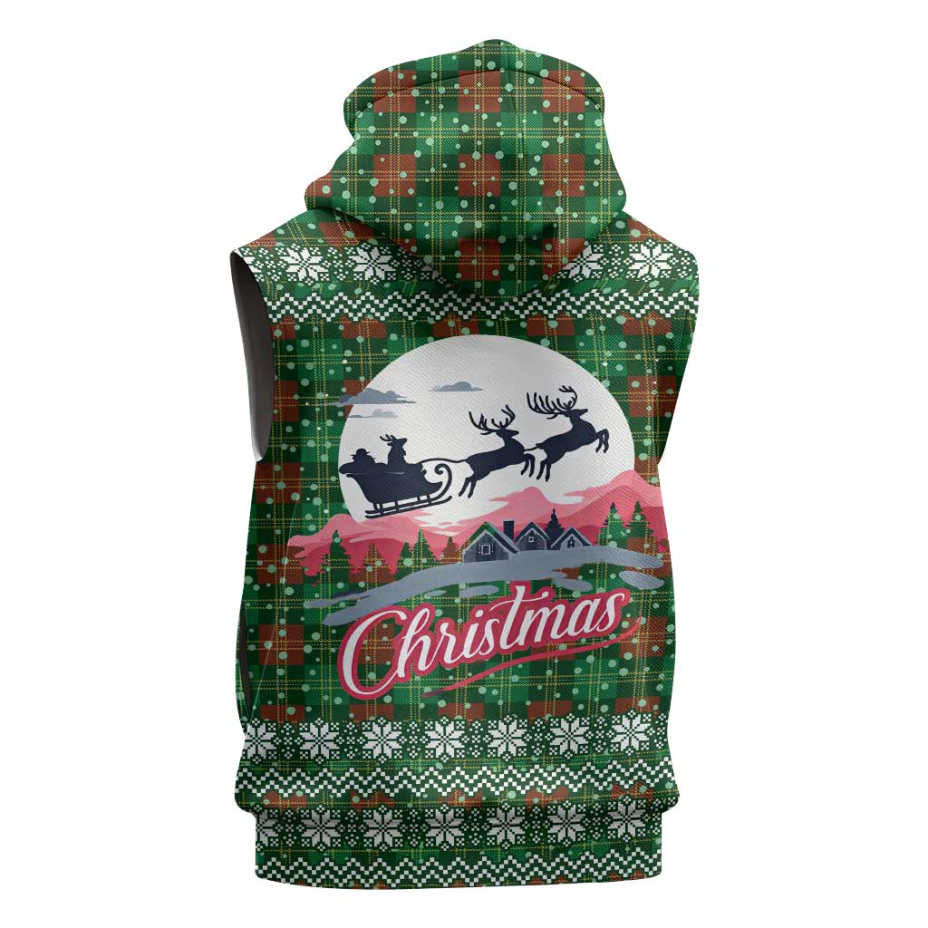 Guadeloupe Christmas Sleeveless Zip Hoodie with Green-Red Plaid Design, Sun and Sugarcane Emblem, and Santa Sleigh Motif - Wonder Print Shop