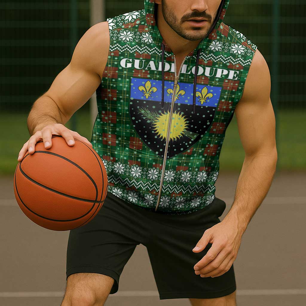 Guadeloupe Christmas Sleeveless Zip Hoodie with Green-Red Plaid Design, Sun and Sugarcane Emblem, and Santa Sleigh Motif - Wonder Print Shop