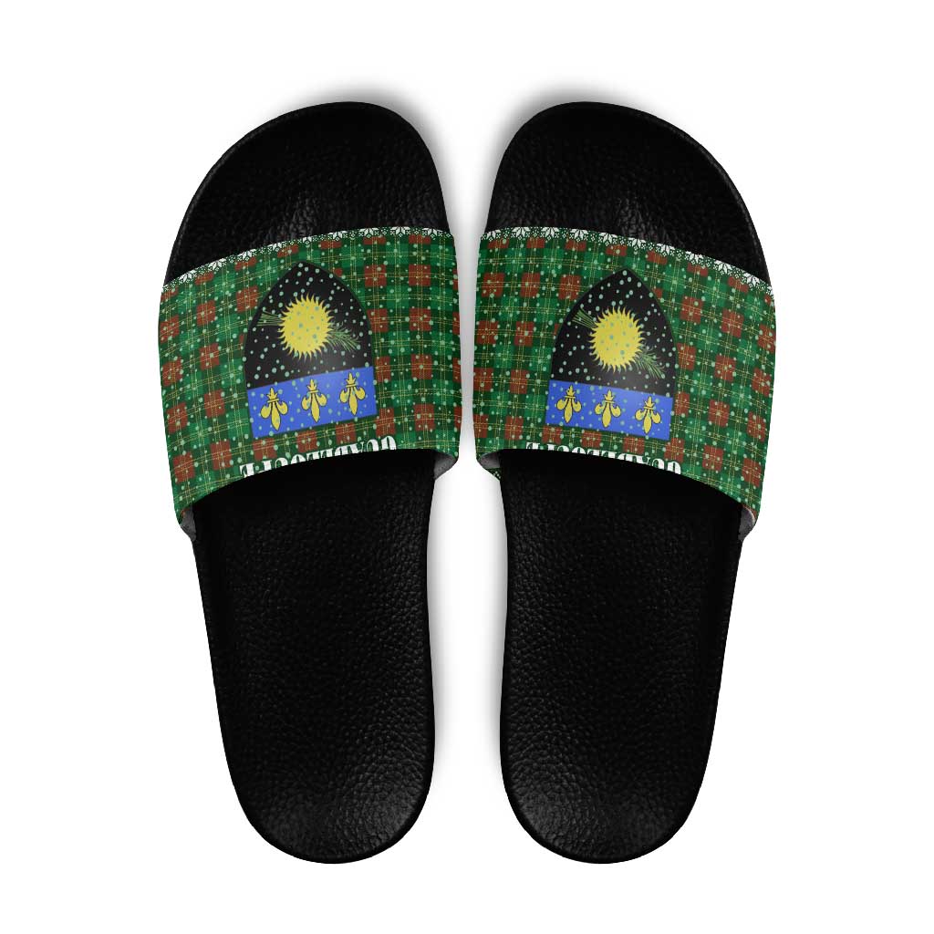 Guadeloupe Christmas Slide Sandals with Green-Red Plaid Design, Sun and Sugarcane Emblem, and Santa Sleigh Motif - Wonder Print Shop