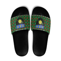 Guadeloupe Christmas Slide Sandals with Green-Red Plaid Design, Sun and Sugarcane Emblem, and Santa Sleigh Motif - Wonder Print Shop
