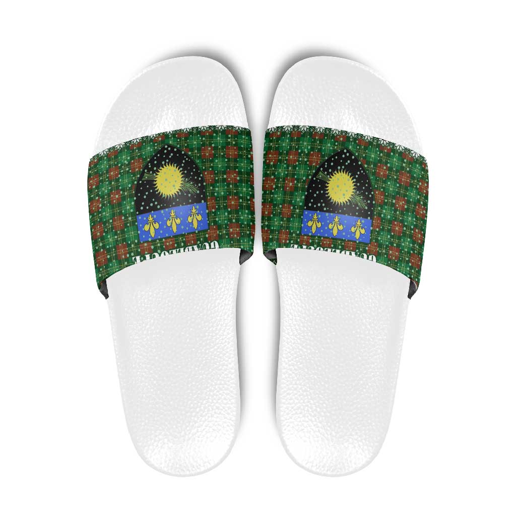 Guadeloupe Christmas Slide Sandals with Green-Red Plaid Design, Sun and Sugarcane Emblem, and Santa Sleigh Motif - Wonder Print Shop