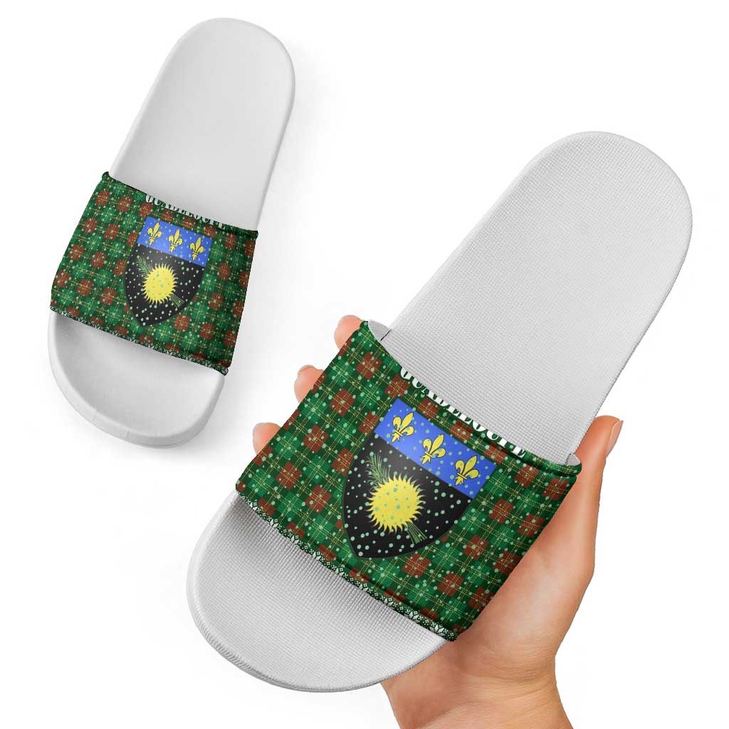 Guadeloupe Christmas Slide Sandals with Green-Red Plaid Design, Sun and Sugarcane Emblem, and Santa Sleigh Motif - Wonder Print Shop