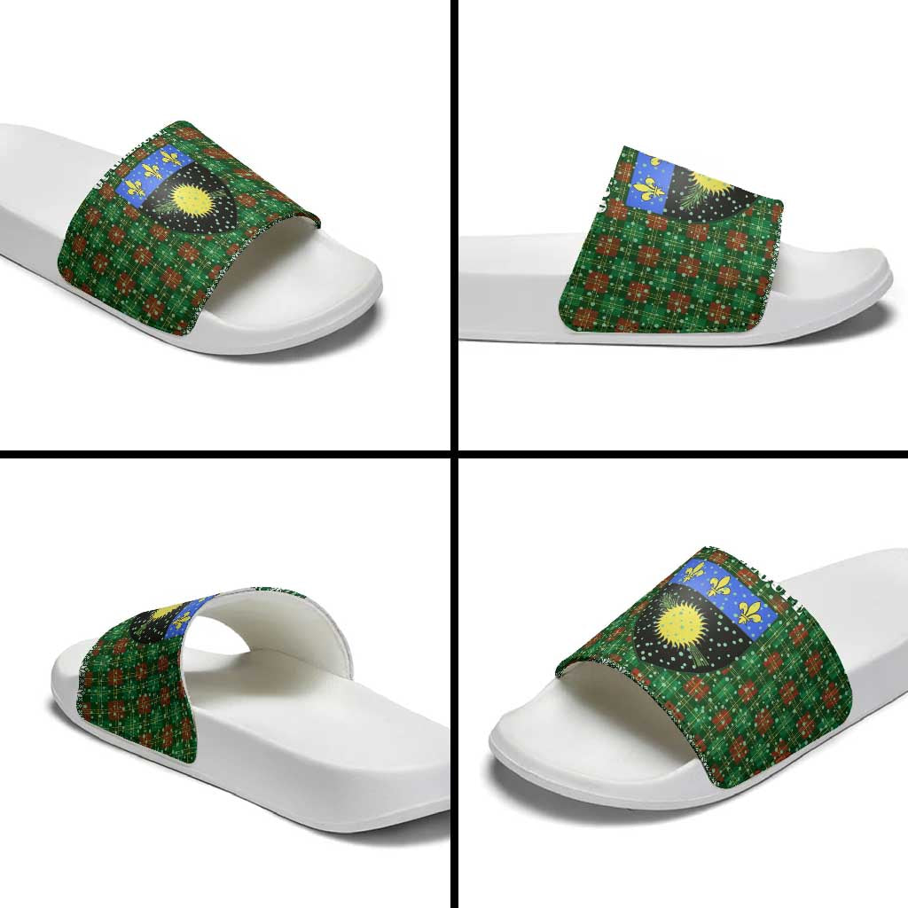 Guadeloupe Christmas Slide Sandals with Green-Red Plaid Design, Sun and Sugarcane Emblem, and Santa Sleigh Motif - Wonder Print Shop