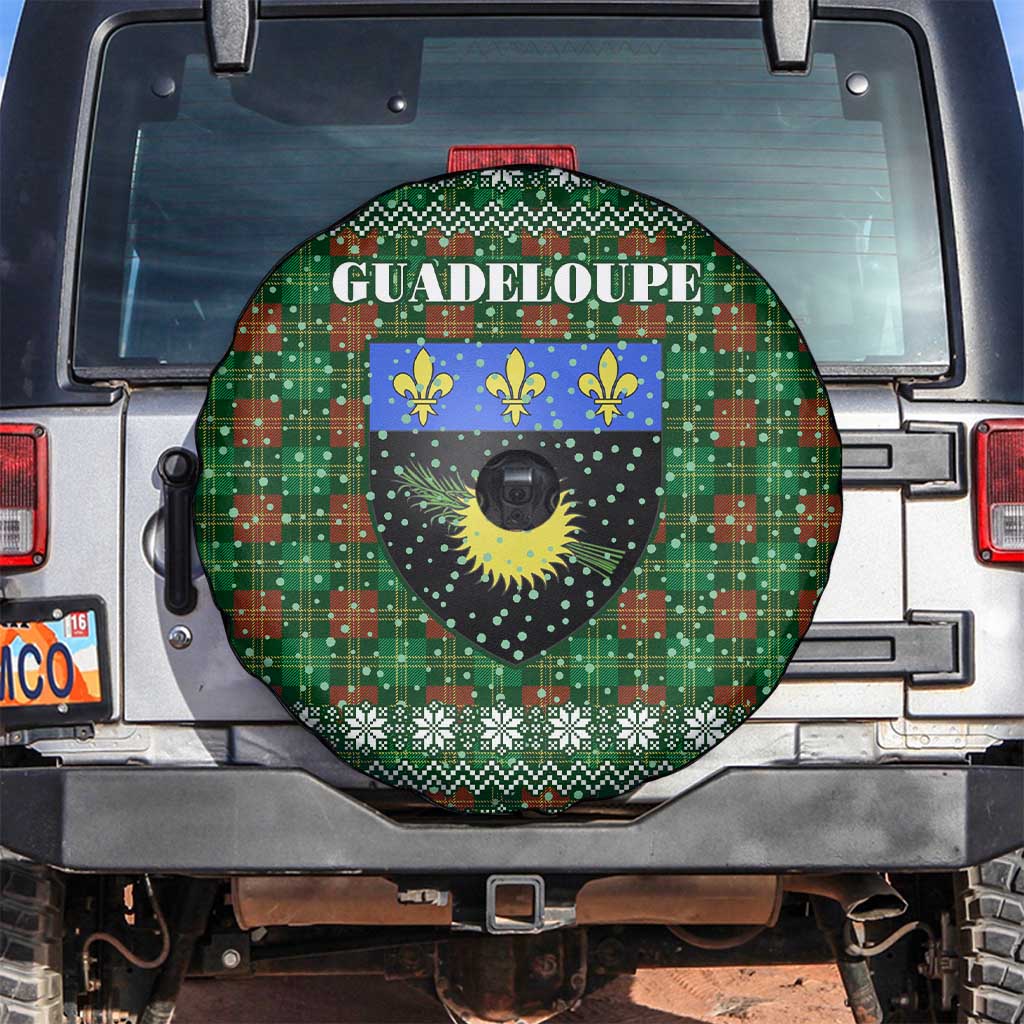 Guadeloupe Christmas Spare Tire Cover with Green-Red Plaid Design, Sun and Sugarcane Emblem, and Santa Sleigh Motif - Wonder Print Shop