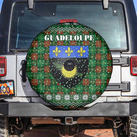 Guadeloupe Christmas Spare Tire Cover with Green-Red Plaid Design, Sun and Sugarcane Emblem, and Santa Sleigh Motif - Wonder Print Shop
