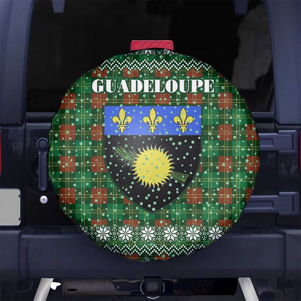 Guadeloupe Christmas Spare Tire Cover with Green-Red Plaid Design, Sun and Sugarcane Emblem, and Santa Sleigh Motif - Wonder Print Shop