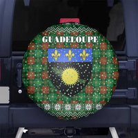 Guadeloupe Christmas Spare Tire Cover with Green-Red Plaid Design, Sun and Sugarcane Emblem, and Santa Sleigh Motif - Wonder Print Shop