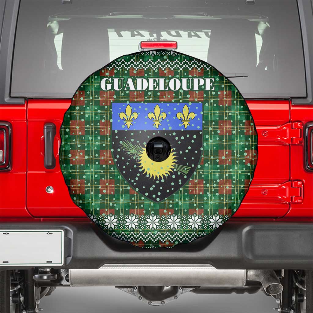 Guadeloupe Christmas Spare Tire Cover with Green-Red Plaid Design, Sun and Sugarcane Emblem, and Santa Sleigh Motif - Wonder Print Shop