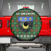 Guadeloupe Christmas Spare Tire Cover with Green-Red Plaid Design, Sun and Sugarcane Emblem, and Santa Sleigh Motif - Wonder Print Shop