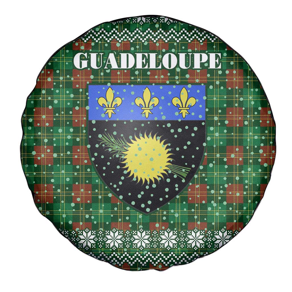 Guadeloupe Christmas Spare Tire Cover with Green-Red Plaid Design, Sun and Sugarcane Emblem, and Santa Sleigh Motif - Wonder Print Shop