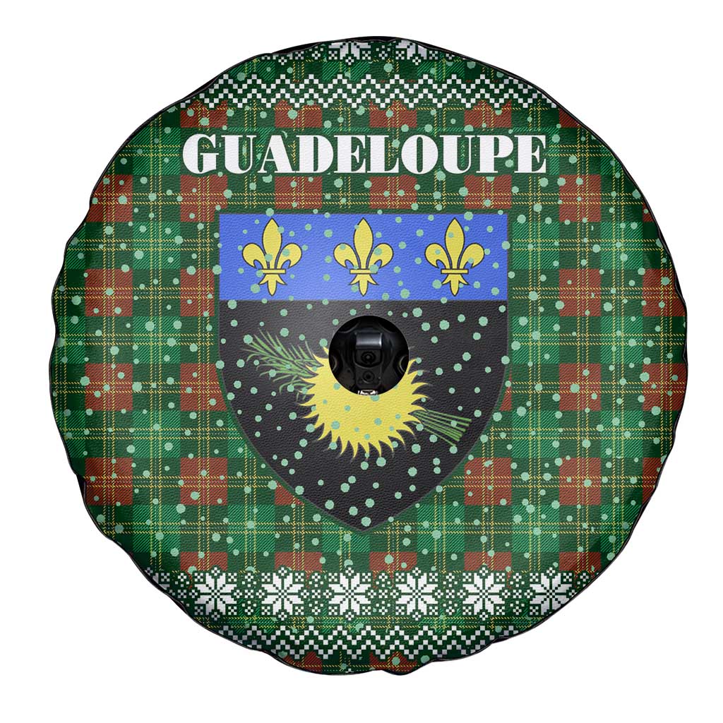 Guadeloupe Christmas Spare Tire Cover with Green-Red Plaid Design, Sun and Sugarcane Emblem, and Santa Sleigh Motif - Wonder Print Shop
