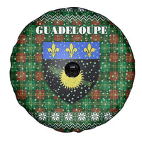 Guadeloupe Christmas Spare Tire Cover with Green-Red Plaid Design, Sun and Sugarcane Emblem, and Santa Sleigh Motif - Wonder Print Shop
