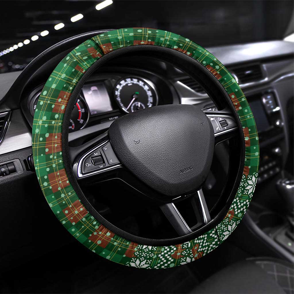 Guadeloupe Christmas Steering Wheel Cover with Green-Red Plaid Design, Sun and Sugarcane Emblem, and Santa Sleigh Motif - Wonder Print Shop