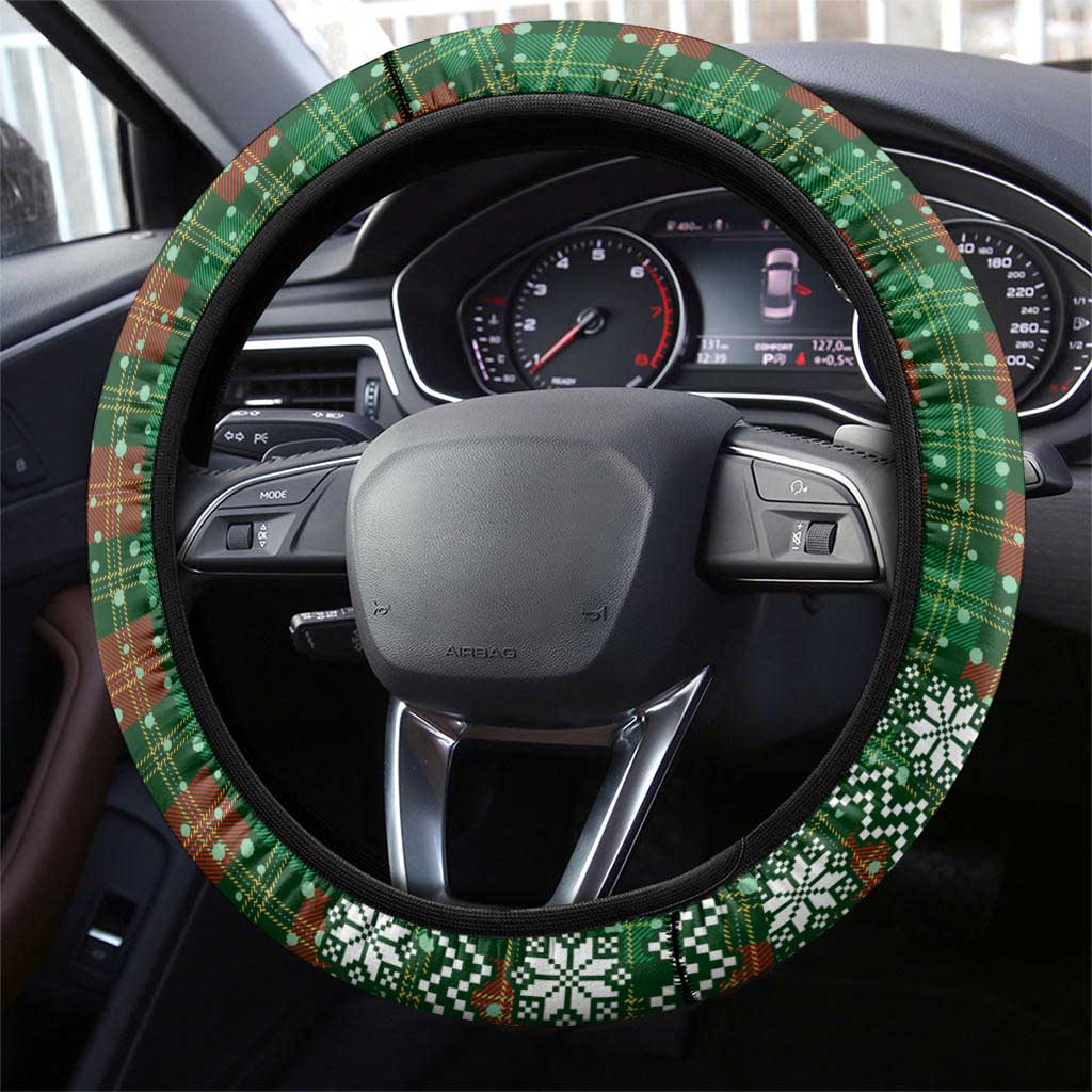 Guadeloupe Christmas Steering Wheel Cover with Green-Red Plaid Design, Sun and Sugarcane Emblem, and Santa Sleigh Motif - Wonder Print Shop