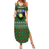 Guadeloupe Christmas Summer Maxi Dress with Green-Red Plaid Design, Sun and Sugarcane Emblem, and Santa Sleigh Motif - Wonder Print Shop