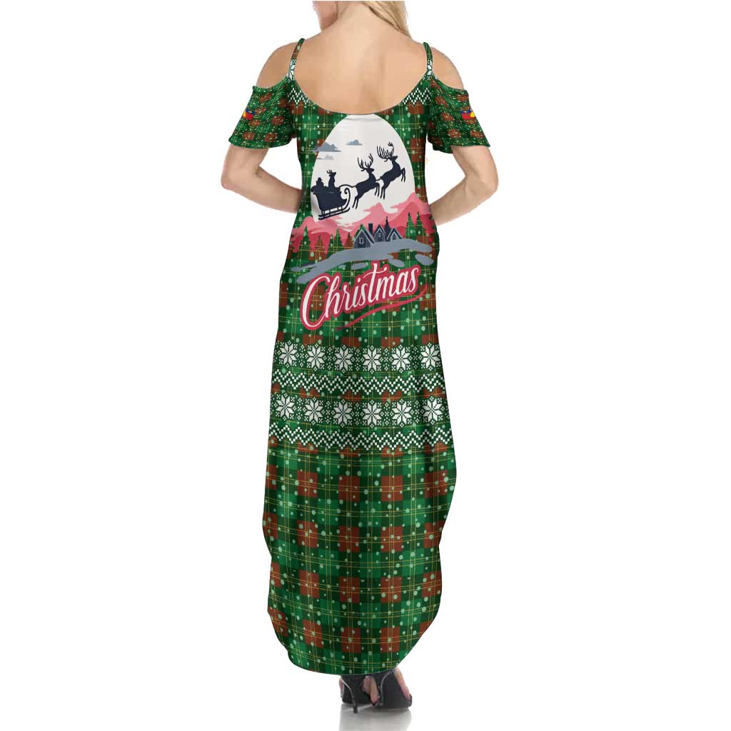 Guadeloupe Christmas Summer Maxi Dress with Green-Red Plaid Design, Sun and Sugarcane Emblem, and Santa Sleigh Motif - Wonder Print Shop