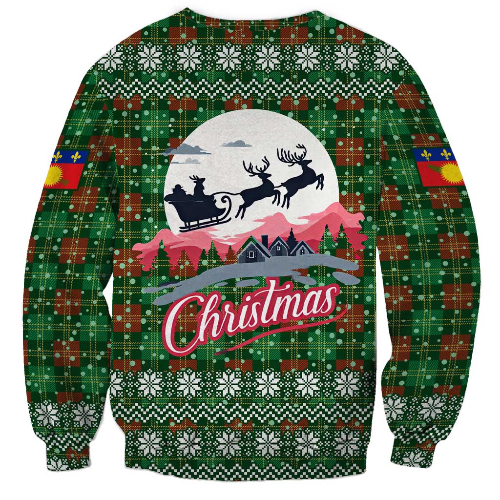 Guadeloupe Christmas Sweatshirt with Green-Red Plaid Design, Sun and Sugarcane Emblem, and Santa Sleigh Motif - Wonder Print Shop