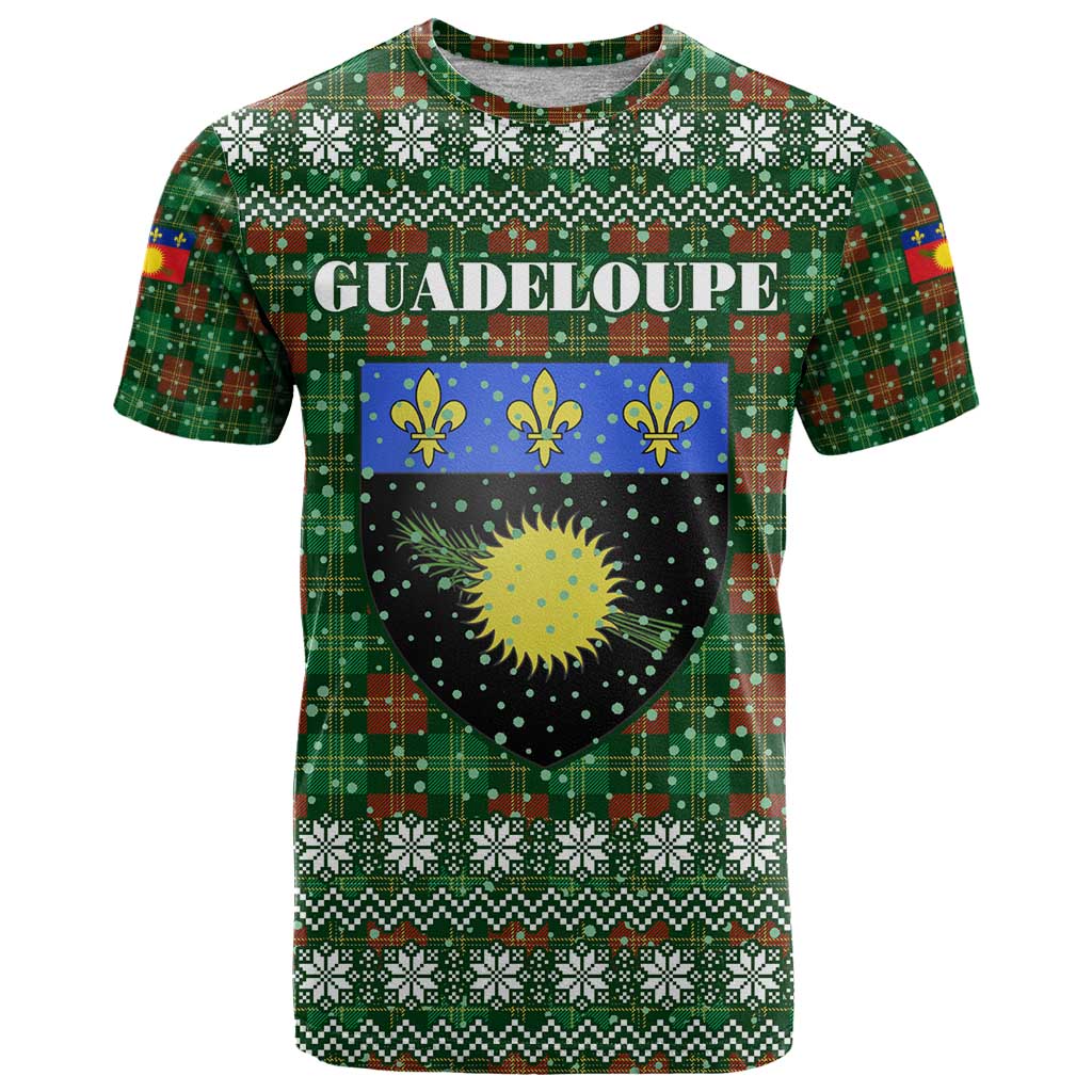 Guadeloupe Christmas T Shirt with Green-Red Plaid Design, Sun and Sugarcane Emblem, and Santa Sleigh Motif - Wonder Print Shop