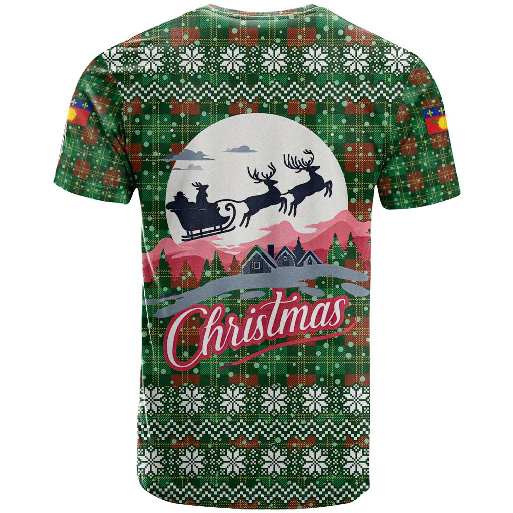 Guadeloupe Christmas T Shirt with Green-Red Plaid Design, Sun and Sugarcane Emblem, and Santa Sleigh Motif - Wonder Print Shop