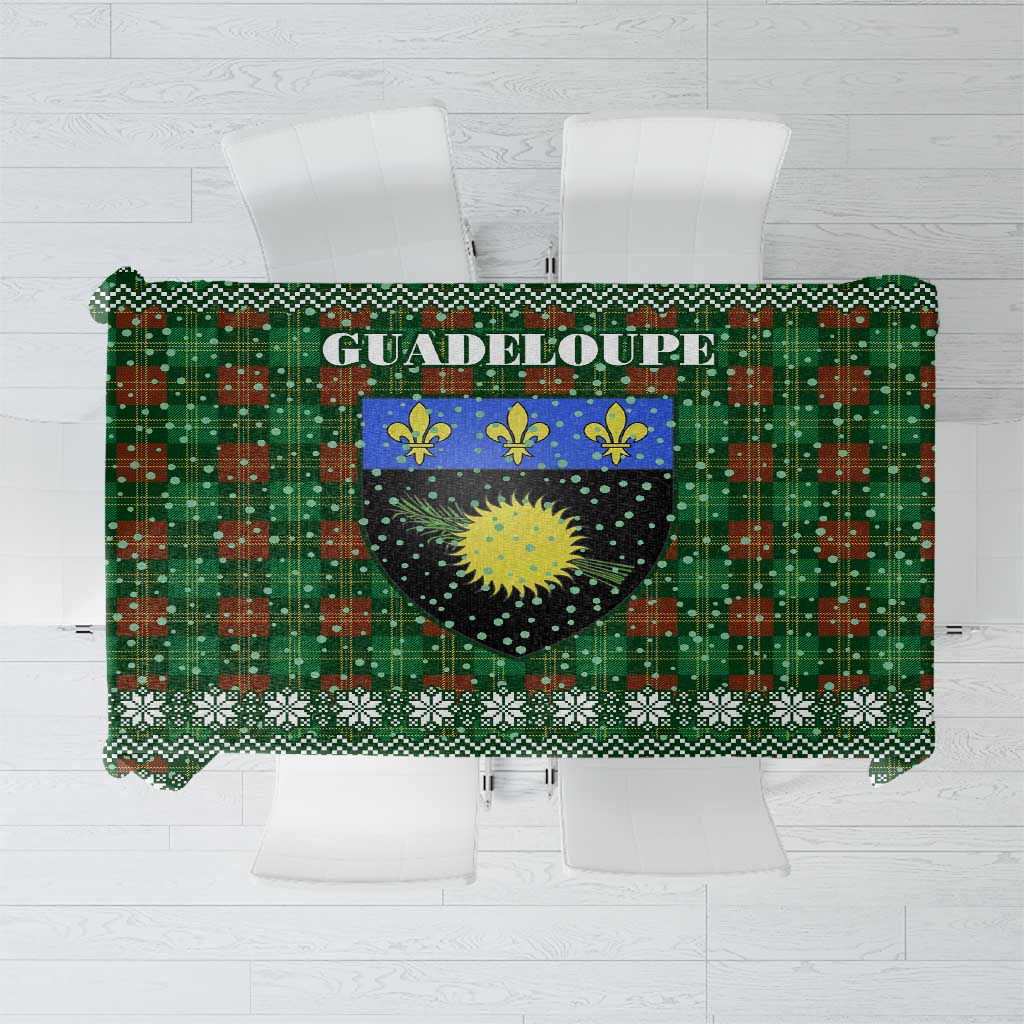 Guadeloupe Christmas Tablecloth with Green-Red Plaid Design, Sun and Sugarcane Emblem, and Santa Sleigh Motif - Wonder Print Shop