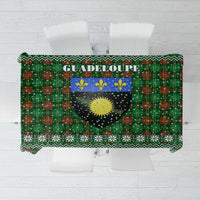 Guadeloupe Christmas Tablecloth with Green-Red Plaid Design, Sun and Sugarcane Emblem, and Santa Sleigh Motif - Wonder Print Shop