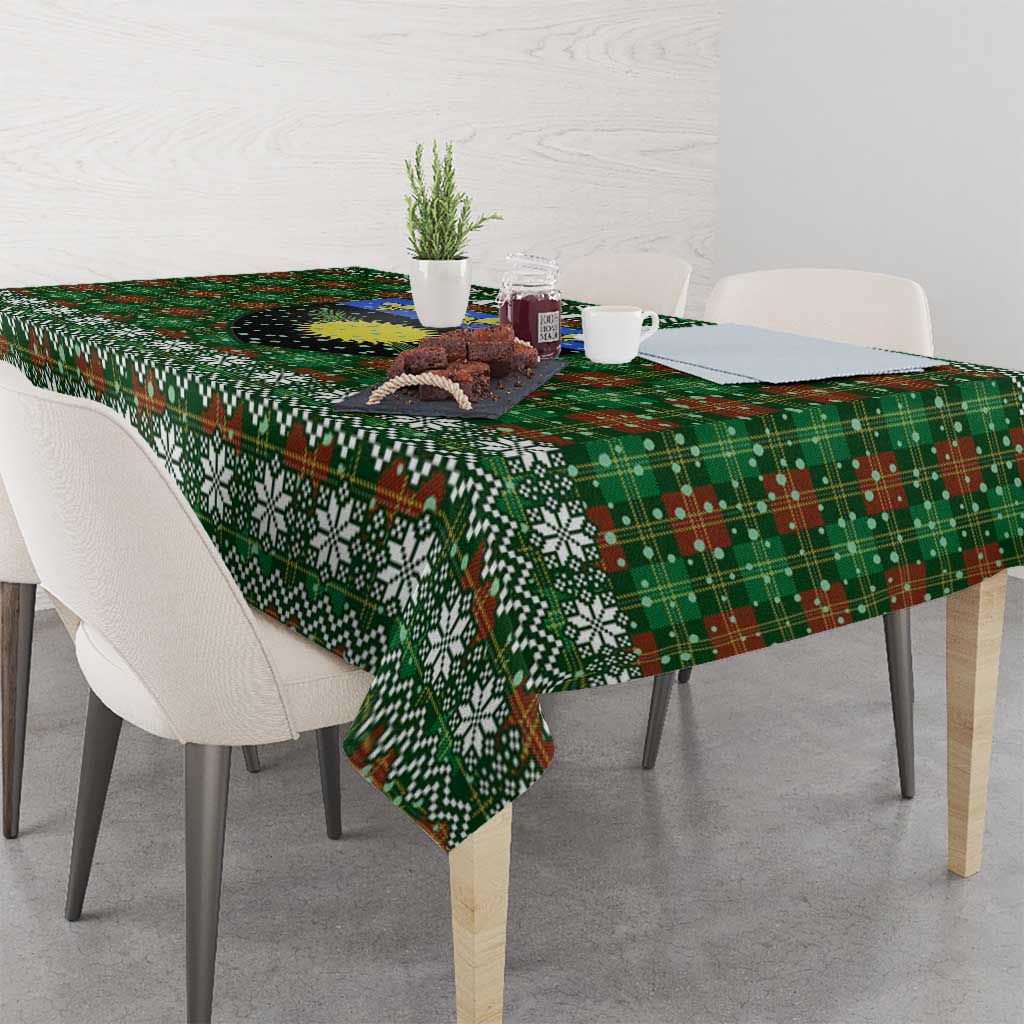 Guadeloupe Christmas Tablecloth with Green-Red Plaid Design, Sun and Sugarcane Emblem, and Santa Sleigh Motif - Wonder Print Shop
