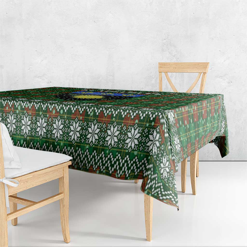 Guadeloupe Christmas Tablecloth with Green-Red Plaid Design, Sun and Sugarcane Emblem, and Santa Sleigh Motif - Wonder Print Shop